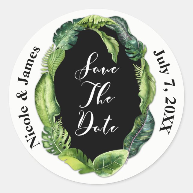 Adesivo Redondo Casamento Chic Tropical Salva a Data (Frente)