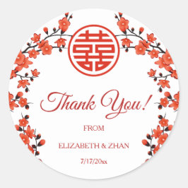 Adesivo Redondo Casamento Chinês Branco de Cereja Vermelha Obrigad