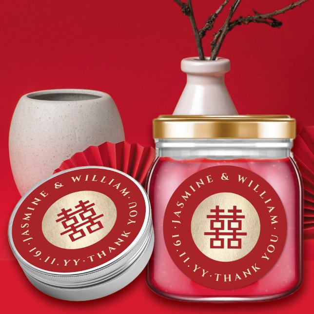 Adesivo Redondo Casamento Chinês Chinês de Dupla Felicidade em Cír (Gold/Red Circle Double Happiness Simple Chinese Wedding Party Round Sticker @ fatfatin_red_knot)
