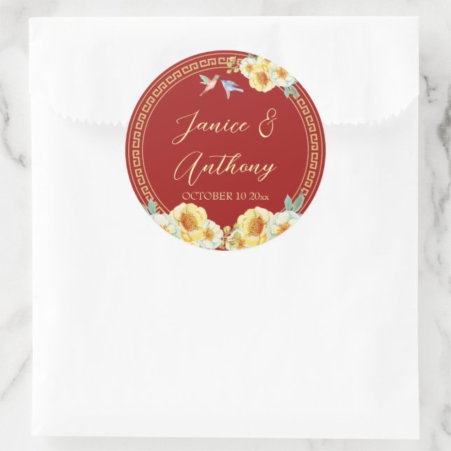 Adesivo Redondo Casamento chinês com aves florais vermelhas (Bolsa)