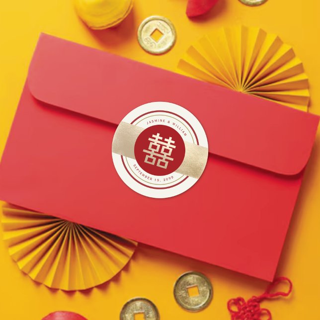 Adesivo Redondo Casamento Chinês de Felicidade Dupla Vermelha e Ba (Red/Gold Simple Double Happiness Modern Chinese Wedding Classic Round Sticker @ fatfatin_red_knot)