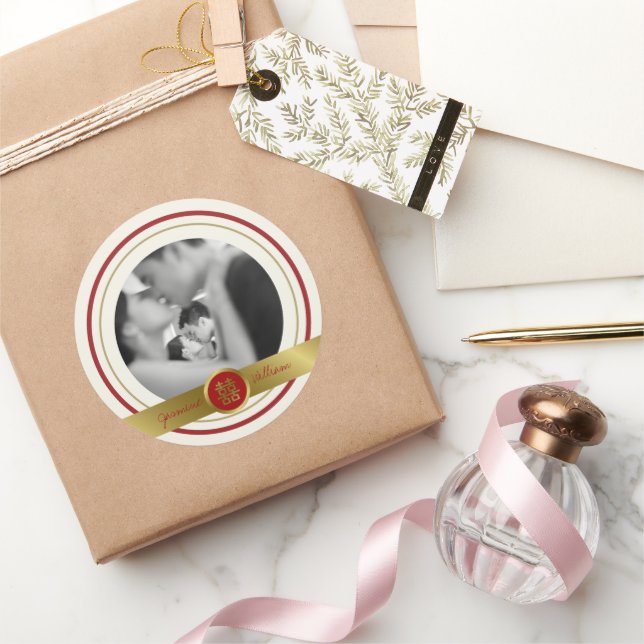 Adesivo Redondo Casamento Chinês de Felicidade Dupla Vermelha ouro (Presentear)