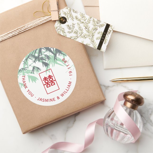 Adesivo Redondo Casamento Chinês de Shuang Xi com o Bamboo Verde (Presentear)