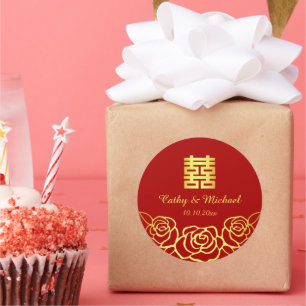 Adesivo Redondo Casamento chinês floral rosa recorte em papel verm