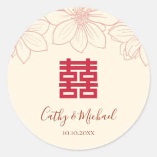 Adesivo Redondo Casamento chinês floral vintage vermelho e bege