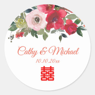Adesivo Redondo Casamento chinês moderno floral aquarela rosa verm