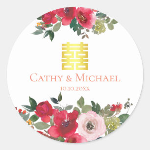 Adesivo Redondo Casamento chinês moderno floral rosa-vermelho 