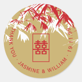 Adesivo Redondo Casamento Chinês Shuang Xi - Folha de Bambu Vermel