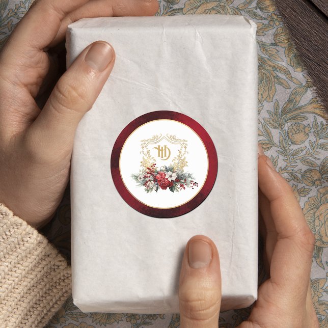 Adesivo Redondo Casamento Clássico de Crest Floral Monograma (Criador carregado)
