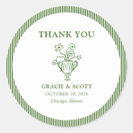 Adesivo Redondo Casamento Clássico de Greve Floral Verde Obrigado