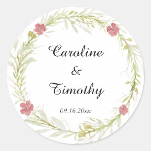 Adesivo Redondo Casamento Clássico Simples de Leafy Floral Wreath
