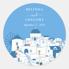 Adesivo Redondo Casamento com a ilha grega de destino Santorini
