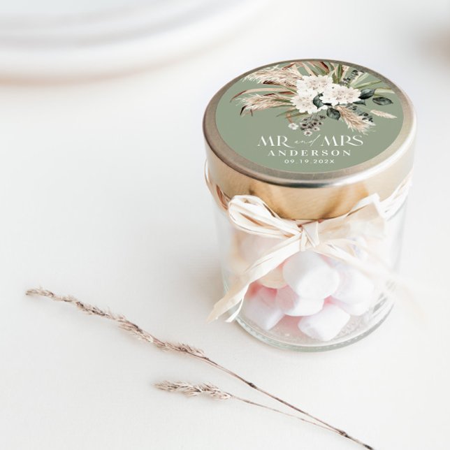 Adesivo Redondo Casamento com a relva da Sra. Pampas, eucalipto bo (Criador carregado)