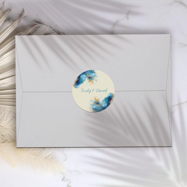 Adesivo Redondo Casamento com abstrato Azul e Dourada Aquarela (Criador carregado)