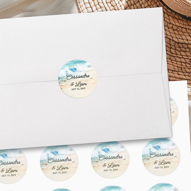Adesivo Redondo Casamento com Ameaça de Praia da Areia do Oceano d (Bride and Groom watercolor stickers from the Summer Beach Wedding Collection by Darling & May)