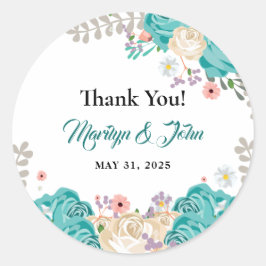 Adesivo Redondo Casamento com Aquarela Azul Elegante Obrigado
