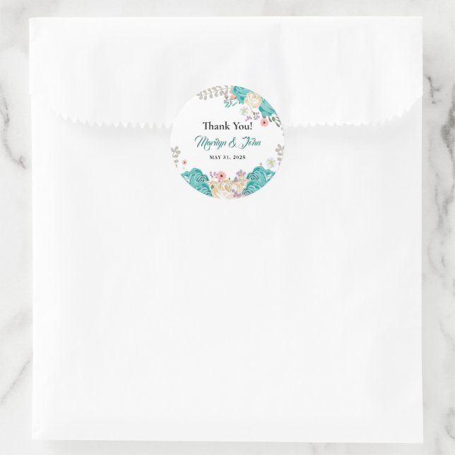 Adesivo Redondo Casamento com Aquarela Azul Elegante Obrigado (Bolsa)