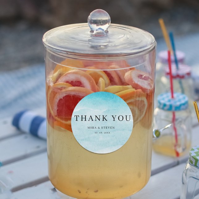 Adesivo Redondo Casamento com Aquarela azul moderno obrigado (Criador carregado)