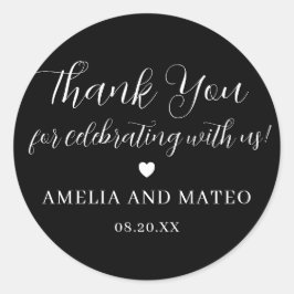 Adesivo Redondo Casamento com Caligrafia Branca Negra Obrigado