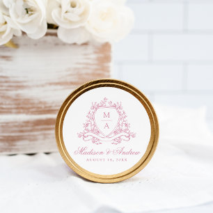 Adesivo Redondo Casamento com Crista Floral Rosa Elegante Monogram