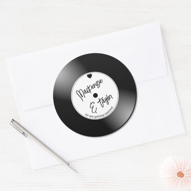 Adesivo Redondo Casamento com Disco de Vinil Retrô (Envelope)