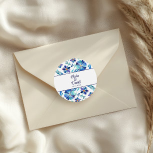 Adesivo Redondo Casamento com Festa Floral Azul e Branco