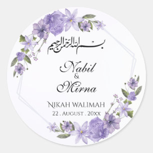Adesivo Redondo Casamento com Floral Elegante em Aquarela Roxo e B