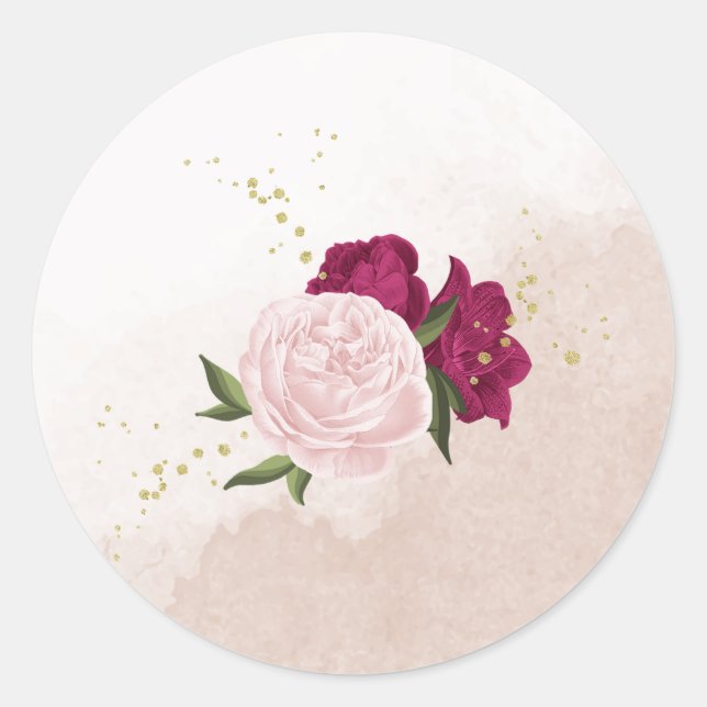 Adesivo Redondo casamento com flores rosa magenta (Frente)