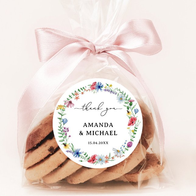 Adesivo Redondo Casamento com flores selvagens legantes Obrigado (Criador carregado)