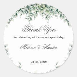 Adesivo Redondo Casamento com Foliage Eucalyptus Greenery Obrigado