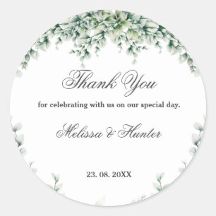 Adesivo Redondo Casamento com Foliage Eucalyptus Greenery Obrigado
