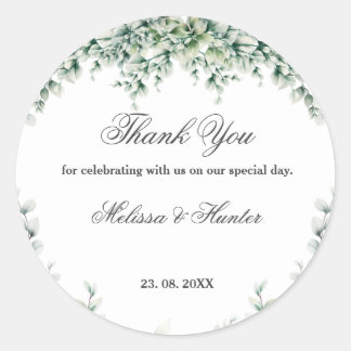 Adesivo Redondo Casamento com Foliage Eucalyptus Greenery Obrigado