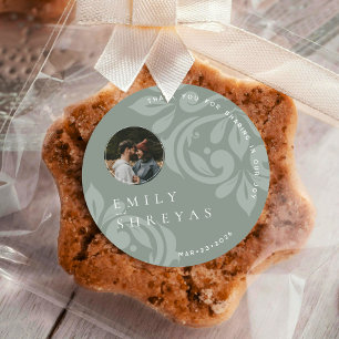 Adesivo Redondo Casamento com Foto Clássico de Earthy Olive Damask