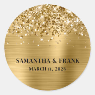Adesivo Redondo Casamento com Glama de Folha de Ouro Glittery