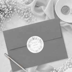 Adesivo Redondo Casamento com Grinalda Floral Preta Cinza Vintage