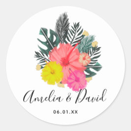 Adesivo Redondo Casamento com letra tropical desenhada à mão /