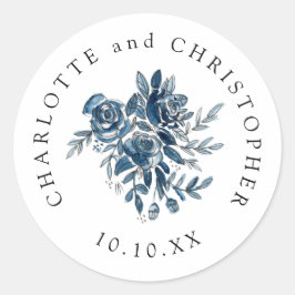 Adesivo Redondo Casamento com linearidade floral de indigo azul