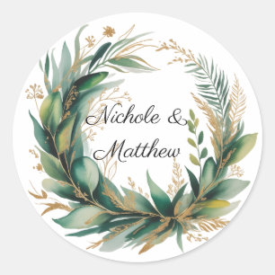 Adesivo Redondo Casamento com Moldura Floral Esmeralda e Dourada