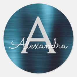 Adesivo Redondo Casamento com Monograma Girly Metálico Azul