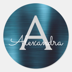 Adesivo Redondo Casamento com Monograma Girly Metálico Azul