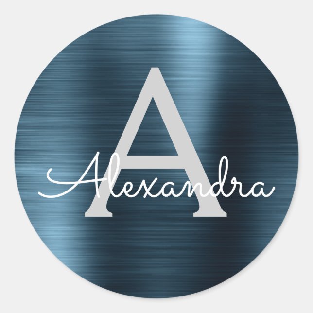 Adesivo Redondo Casamento com Monograma Girly Metálico Azul (Frente)