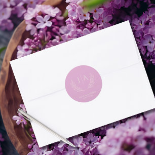 Adesivo Redondo Casamento com Monograma Lilás Lavanda Minimalista