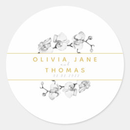 Adesivo Redondo Casamento com Orquídeas Douradas Florais Modernas 