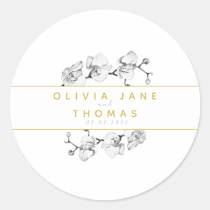 Adesivo Redondo Casamento com Orquídeas Douradas Florais Modernas 