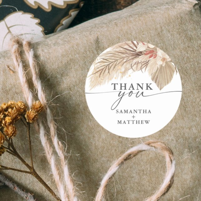 Adesivo Redondo Casamento com Palma Seca Pampas Grass (Pampas grass and dried palm thank you wedding sticker.)