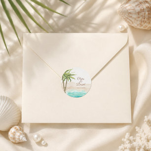 Adesivo Redondo Casamento com Praia e Palmeiras em Aquarela