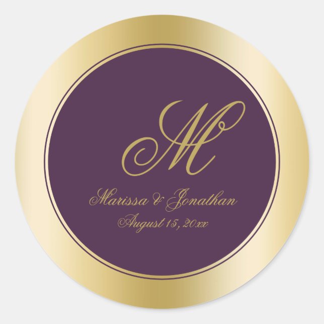 Adesivo Redondo Casamento com Púrpura de ameixa com Script Monogra (Frente)