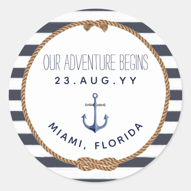 Adesivo Redondo Casamento com risca Marinho Náutico Azul e Branco (Frente)