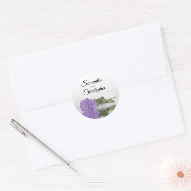 Adesivo Redondo Casamento com Rosa Lavanda Roxo Espelhado Elegante (Envelope)