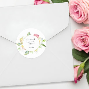 Adesivo Redondo Casamento com Rosas em Aquarela Rosa/Ivory Românti